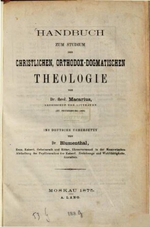 Handbuch zum Studium der christlichen, orthodox-dogmatischen Theologie