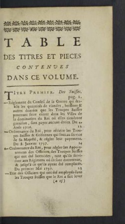 Table des titres et pieces
