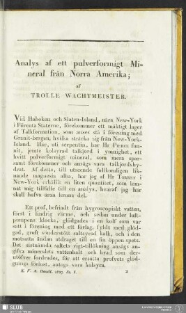Analys af ett pulverformigt Mineral från Norra Amerika; af Trolle Wachtmeister