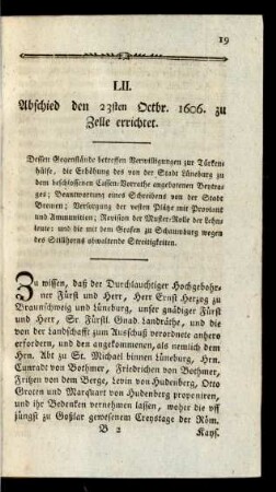 LII. Abschied den 23sten Octbr. 1606. zu Zelle errichtet