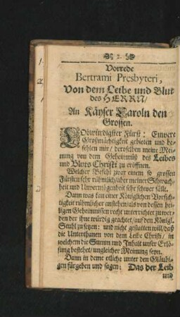 Vorrede Bertrami Presbyteri, Von dem Leibe und Blut des Herrn/ An Kayser Caroln den grossen.
