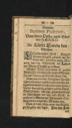 Vorrede Bertrami Presbyteri, Von dem Leibe und Blut des Herrn/ An Kayser Caroln den grossen.