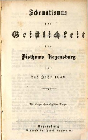 Schematismus des Bistums Regensburg. 1849, 1849