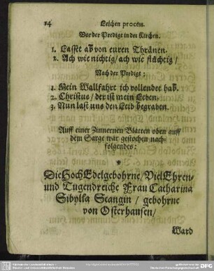 Auff einer Zinnernen Blatten oben auff dem Sarge war gestochen nachfolgendes: