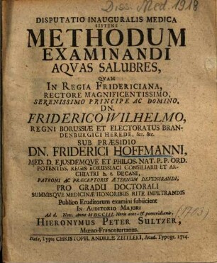 Disputatio Inauguralis Medica Sistens Methodum Examinandi Aqvas Salubres