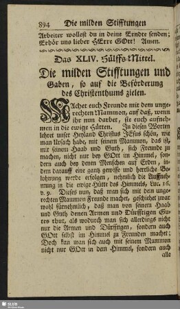 Das XLIV. Hülffs-Mittel. Der milden Stifftungen und Gaben, so auf die Beförderung des Christenthums zielen