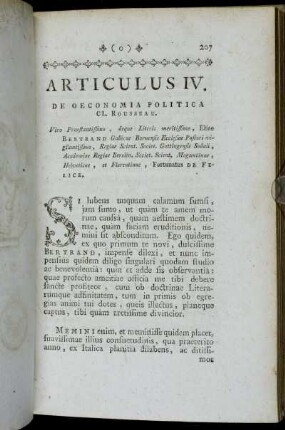 Articulus IV. De Oeconomia Politica CL. Rousseau.