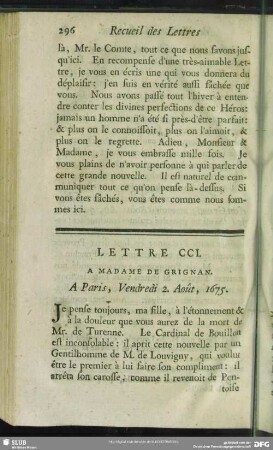 Lettre CCI. A Madame De Grignan. A Paris, Vendredi 2. Août, 1675