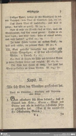 Kapit. II. Wie sich Gott den Menschen geoffenbaret hat : Durch die Schöpfung, Erhaltung und Regierung aller DInge