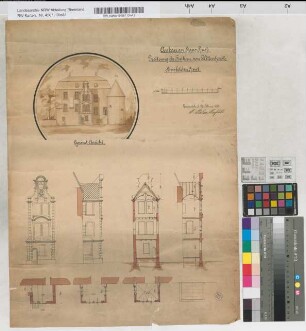 Anbau an Haus Hueth. Besitzung der Freifrau von Wittenhorst-Sonsfeld zu Hueth [Gesamtansicht, Aufrisse, Grundrisse]. Emmerich, 3. Februar 1898. F. Palm, Architekt