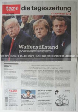 Tageszeitung "taz. die tageszeitung" mit Titel zu den Feierlichkeiten anlässlich des 100. Jahrestages des Endes des ersten Weltkrieges