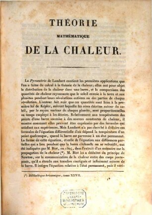 Theorie mathématique de la chaleur, [1]. [Grundwerk]