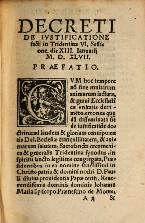 Synodi Sacrosanctae Oecvmenicae Tridentinae Decretum de Iustificatione : in Sessione VI. factum, quae celebrata fuit die XIII. Ianuarii, Anno MDXLVII