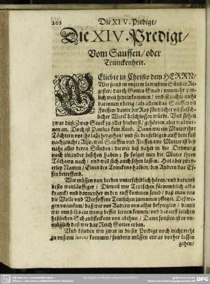 Die XIV. Predigt, Vom Sauffen, oder Trunckenheit : XIV. Predigt, Vom Sauffen, oder Trunckenheit