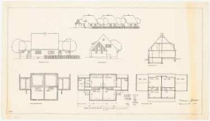 Musterhäuser für Kleinsiedlungen: Doppelwohnhaus Vorderansicht und Seitenansicht, Querschnitt, Grundrisse von Kellergeschoss, Erdgeschoss und Dachgeschoss 1:100