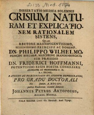 Dissertatio Medica Solennis crisium Naturam Et Explicationem Rationalem Sistens