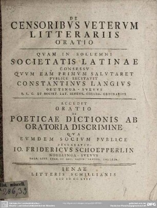 De Censoribus Veterum Litterariis Oratio : Quam In Sollemni Societatis Latinae Consessu ...