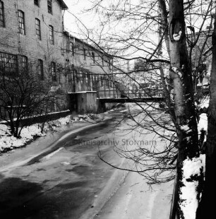 Trave: Stadtarm hinter Hindenburgstraße mit Eisdecke: rechts Sträucher und Bäume: links Gebäude: hinten rechts Fußgängerbrücke: Winter