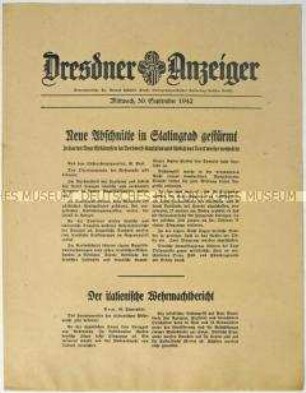 Nachrichtenblatt "Dresdner Anzeiger" mit Meldungen des Oberkommandos der Wehrmacht und des italienischen Oberkommandos u.a. zur Schlacht um Stalingrad