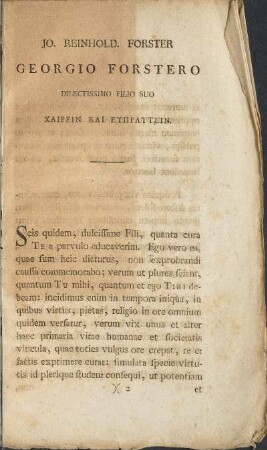 Jo. Reinhold. Forster / Georgio Fostero / Dilectissimo Filio Suo ...