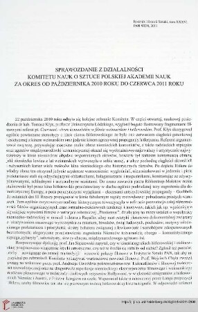 Sprawozdanie z działalności Komitetu Nauk o Sztuce Polskiej Akademii Nauk za okres od października 2010 roku do czerwca 2011 roku