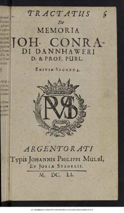 Tractatus De Memoria Joh. Conradi Dannhaweri D. & Prof. Publ.