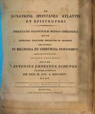 De luxatione spontanea atlantis et epistrophei : diss. inaug. med. chir. ; cum tab. aen.