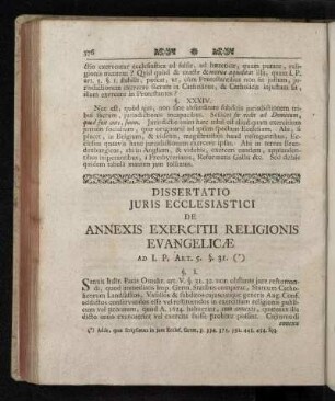 Dissertatio Juris Ecclesiastici De Annexis Ecercitii Religionis Evangelicæ Ad I. P. Art. 5. §. 31.