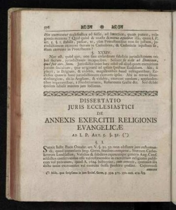 Dissertatio Juris Ecclesiastici De Annexis Ecercitii Religionis Evangelicæ Ad I. P. Art. 5. §. 31.