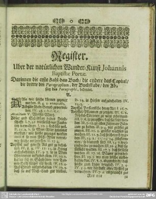 Register. Uber der natürlichen Wunder-Kunst Johannis Baptistae Portae