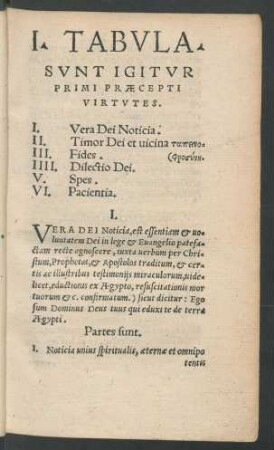 I. Tabula. Sunt Igitur Primi Praecepti Virtutes.