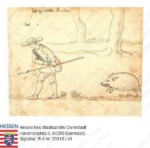 Jagd, Niddaer Sauhatz / Bild 41: Jost [= Jost Burkhard Rau v. Holzhausen] und angreifende Sau / Jost mit Jagddegen und Saufeder, hinter ihm unbemerkt ein Wildschwein angreifend