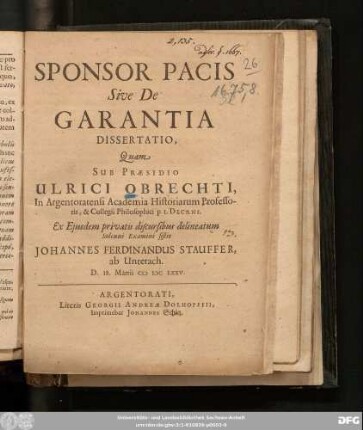 Sponsor Pacis Sive De Garantia Dissertatio