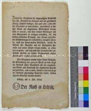Bekanntmachung des Rates zu Leipzig über die bevorstehende Rückkehr der Königlichen Familie nach Sachsen