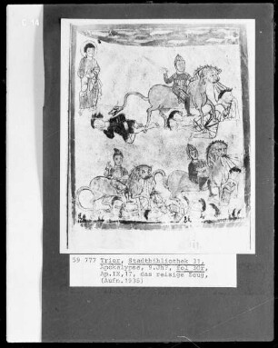 Apokalypse des Johannes (Die sog. Trierer Apokalypse) — Die Reiterarmee mit den feuerspeienden Rossen, Folio 30recto