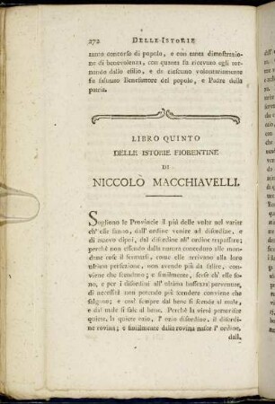 Libro Quinto delle Istorie Fiorentine di Niccolò Macchiavelli.