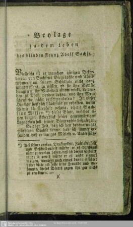 Beylage zu dem Leben des blinden Franz Adolf Sachse