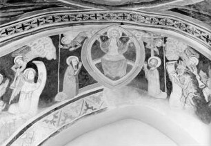 Majestas Domini und Szenen des Jüngsten Gerichts : Majestas Domini und Szenen des Jüngsten Gerichts. Fresko (um 1400). Villach, Pfarrkirche Sankt Leonhard, Triumphbogen