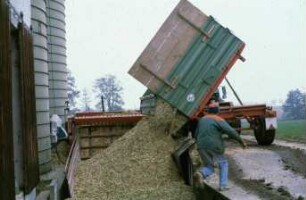 Fotografie: Ein- und Auslagerungstechnik, Hochsilo, Dosierstation, Maissilage, Zweiachsanhänger