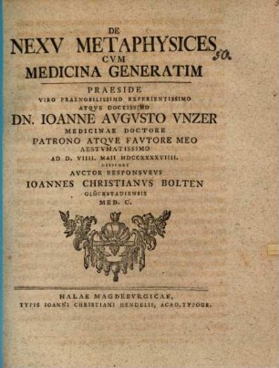 De nexu metaphysices cum medicina generatim