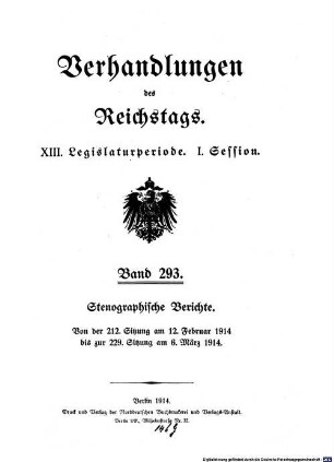 Verhandlungen des Reichstages. Stenographische Berichte. 293, 293. 1914