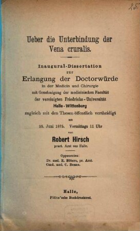 Ueber die Unterbindung der Vena cruralis : Inaug.-Diss.