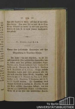 C. Hyacinthen. Etwas über holländische Hyacinthen und ihre Behandlung in Deutschen Gärten.