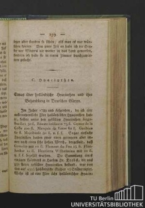 C. Hyacinthen. Etwas über holländische Hyacinthen und ihre Behandlung in Deutschen Gärten.