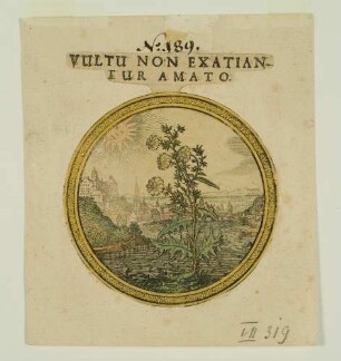 Emblem mit Wegwarte (Heliotrop) und Stadtansicht Heidelberg