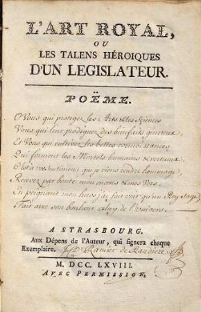 L'Art Royal, Ou Les Talens Héroiques D'Un Legislateur : Poëme