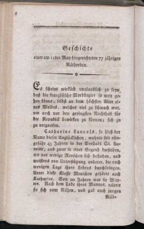 Geschichte einer am 11ten May hingerichteten 77 jährigen Nätherinn
