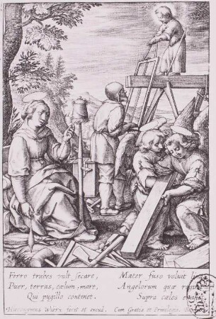 Maria beim Spinnen, Joseph und Jesus zersägen eine Bohle