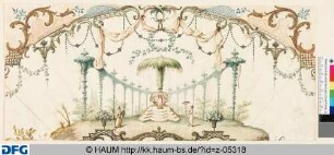 Entwurf für einen Fächer mit ornamentalem Gartenmotiv und drei Männern mit Kimono und Kegelhut
