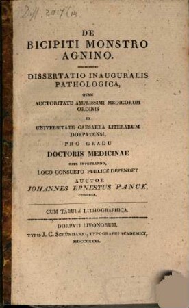 De bicipiti monstro agnino : Dissertatio inauguralis pathologica ; cum tabula lithographica